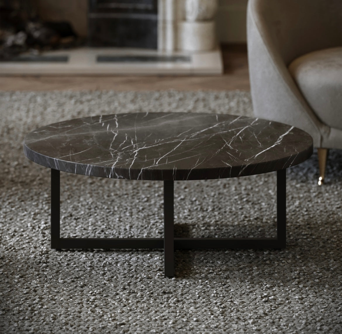 NERO MARBLE ROUND COFFEE TABLE WITH BLACK LEGS