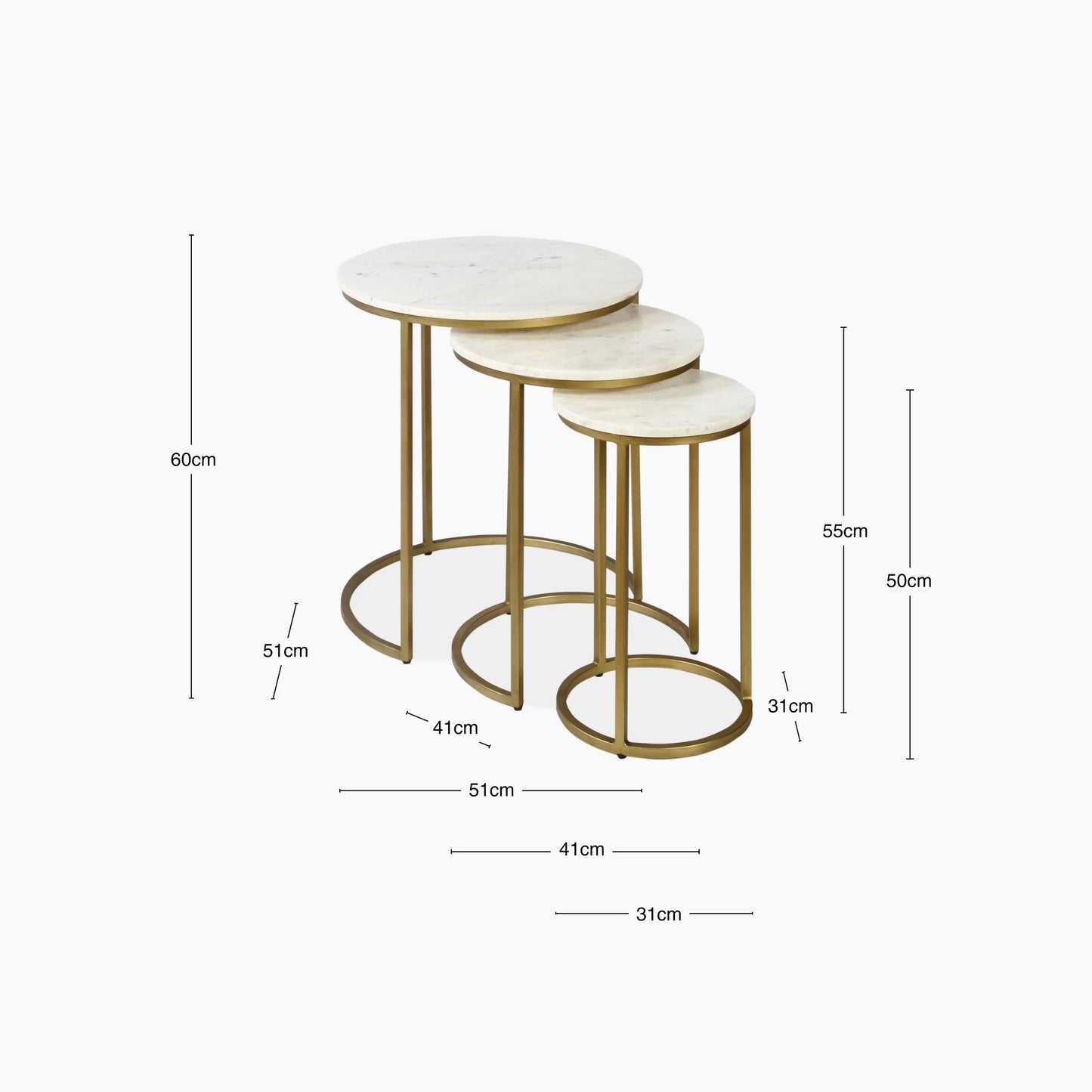 Set Of 3 Round White Marble Top Nesting Side Tables With Gold Legs
