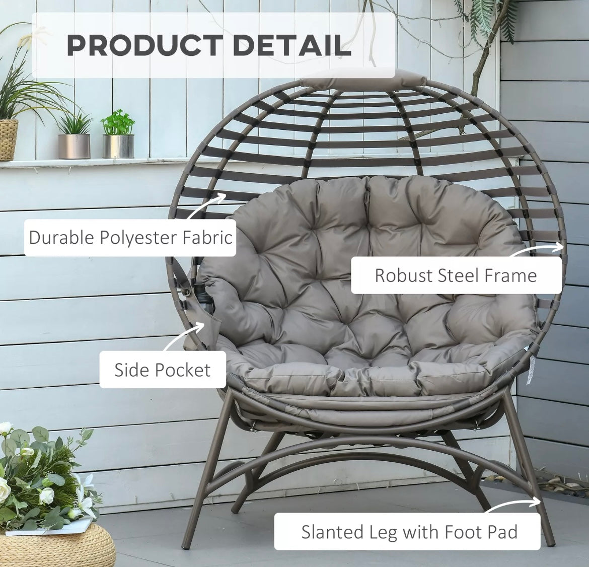 Large Standing Egg Chair with Soft Cushion Steel Garden Basket Chair for Outdoor, Brown