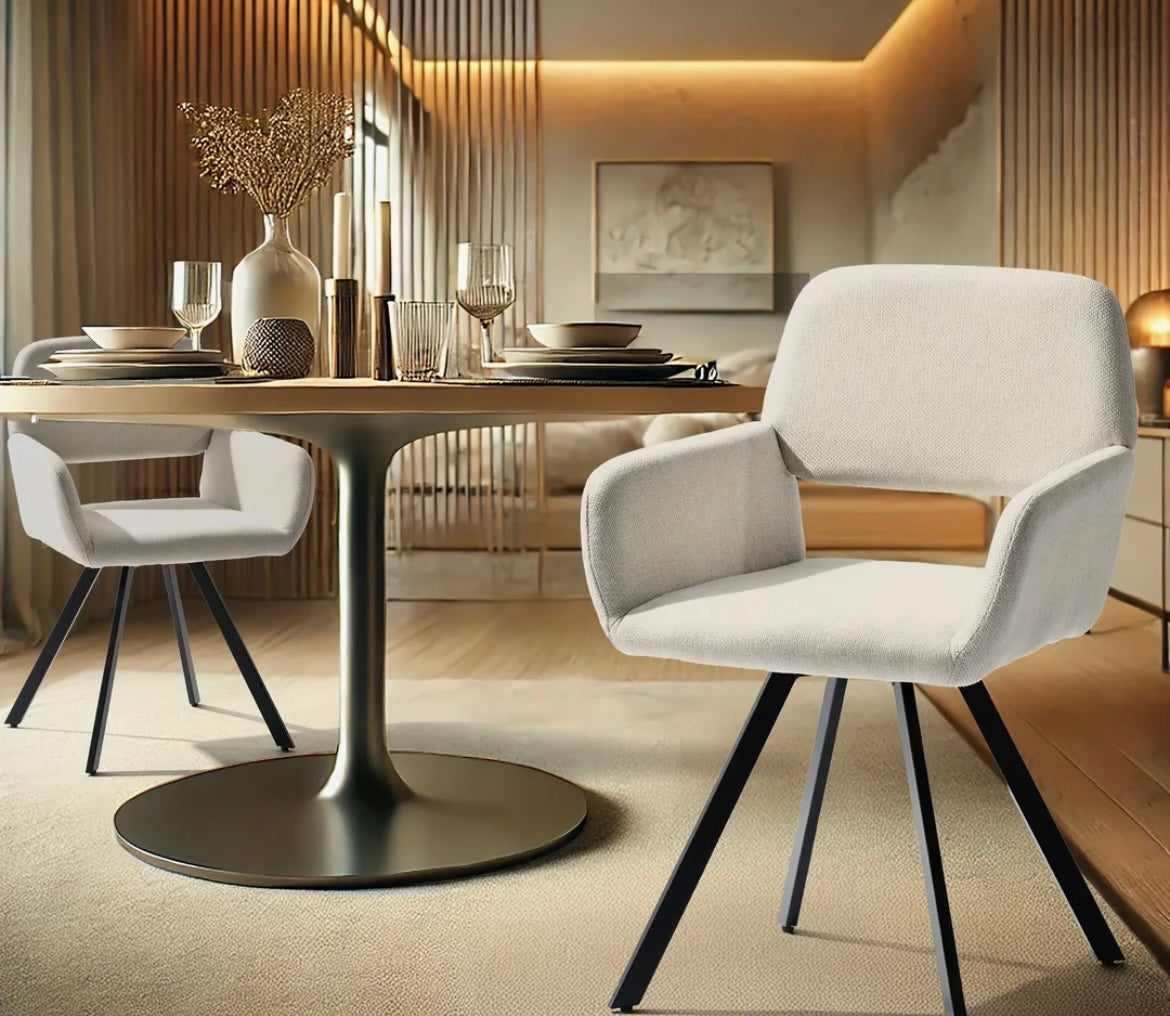 Sets of Scandinavian Swivel Dining Chairs - Beige Upholstered Armchairs