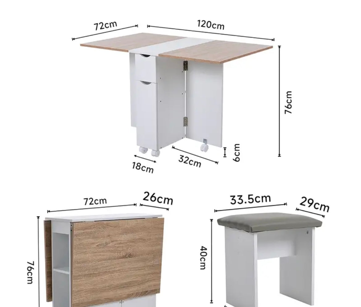White Compact Folding Kitchen Rolling Dining Table with Storage Drawers