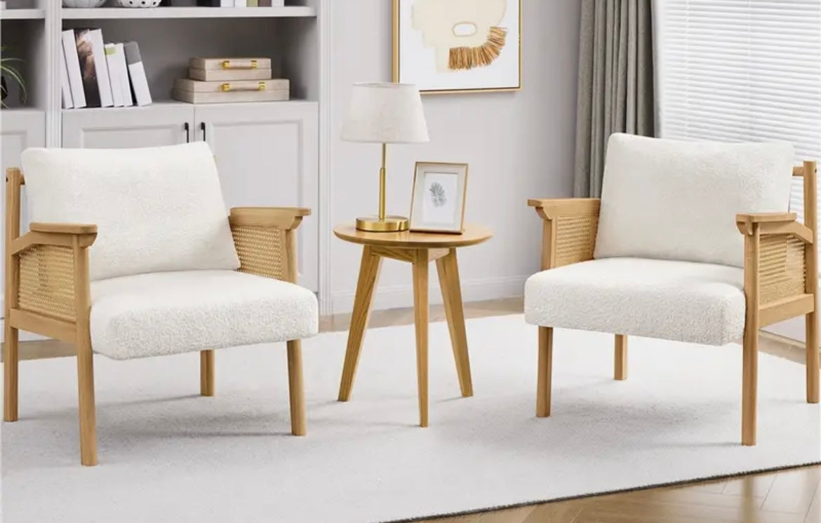 Accent Boucle Armchair with Rattan Sides and Back with Big Seat Cushion and Pillow