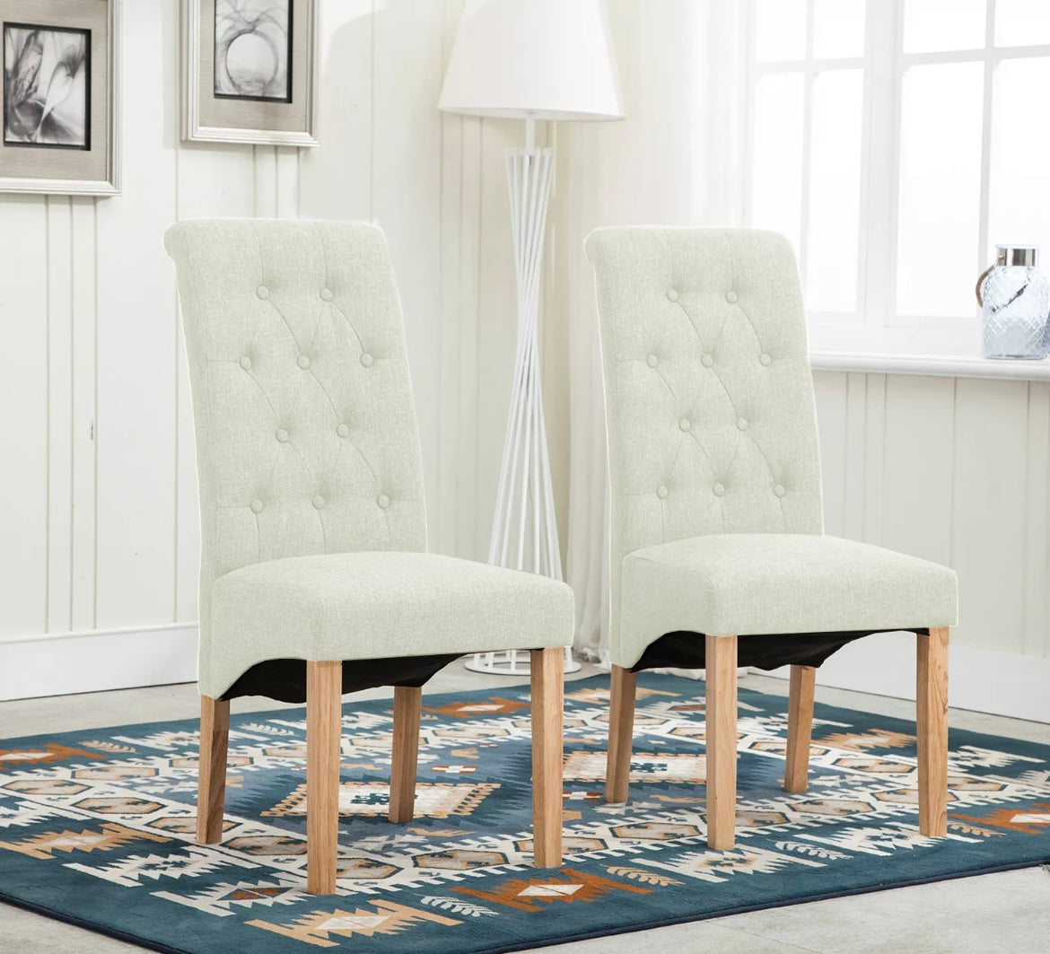 Set of 2 Cream Fabric Dining Chairs Roll Top