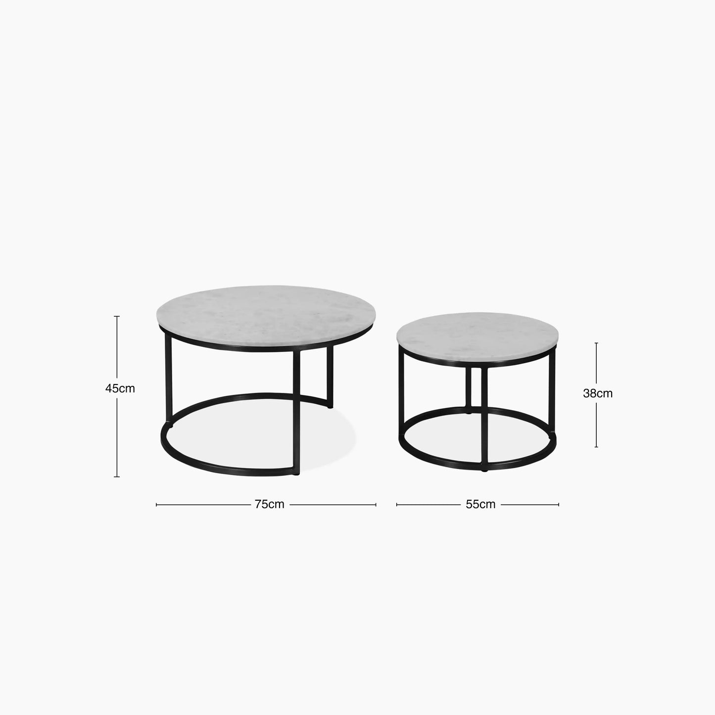 Set of Two Round Marble Top Nesting Tables with Black Round Base