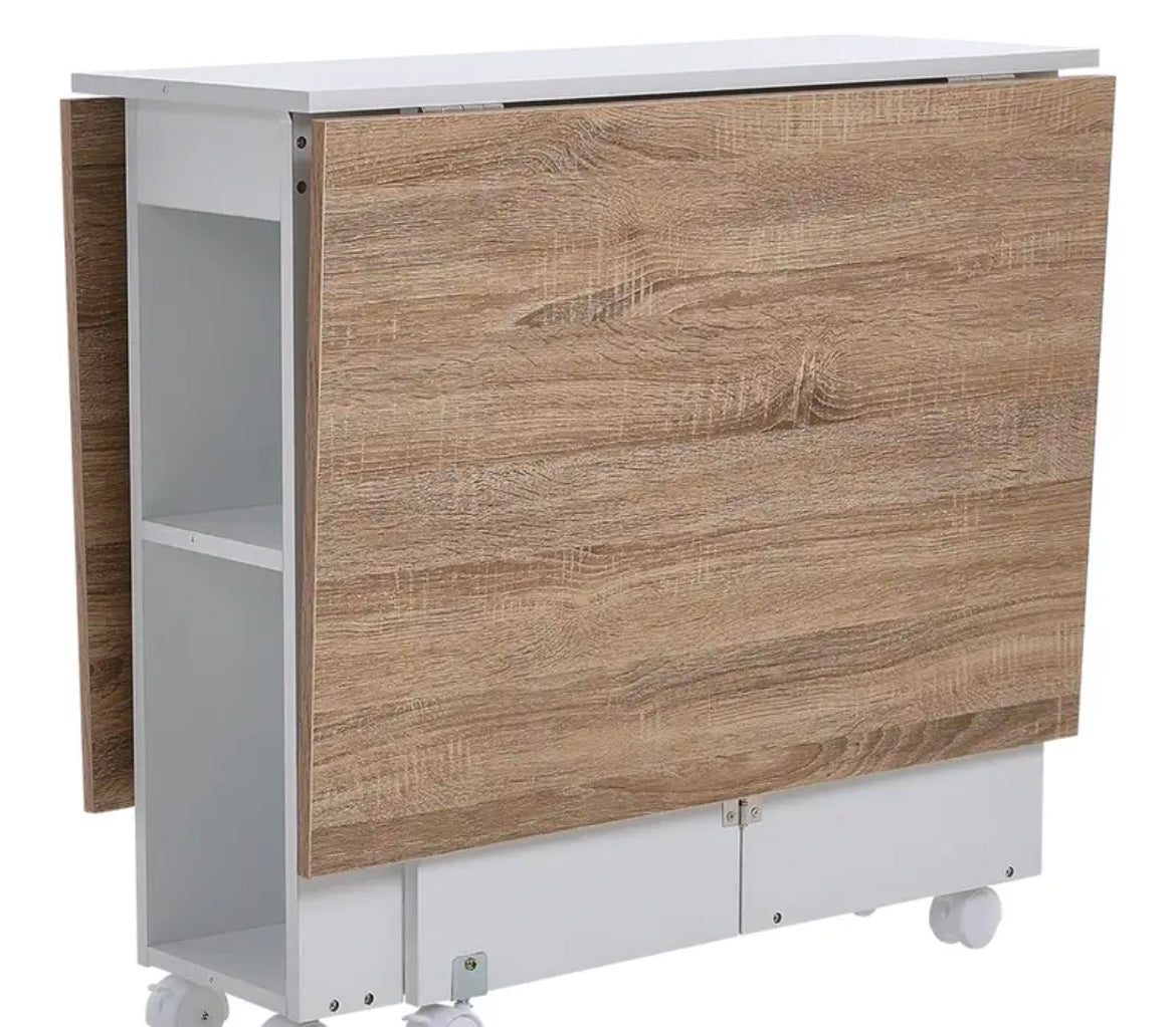 White Compact Folding Kitchen Rolling Dining Table with Storage Drawers