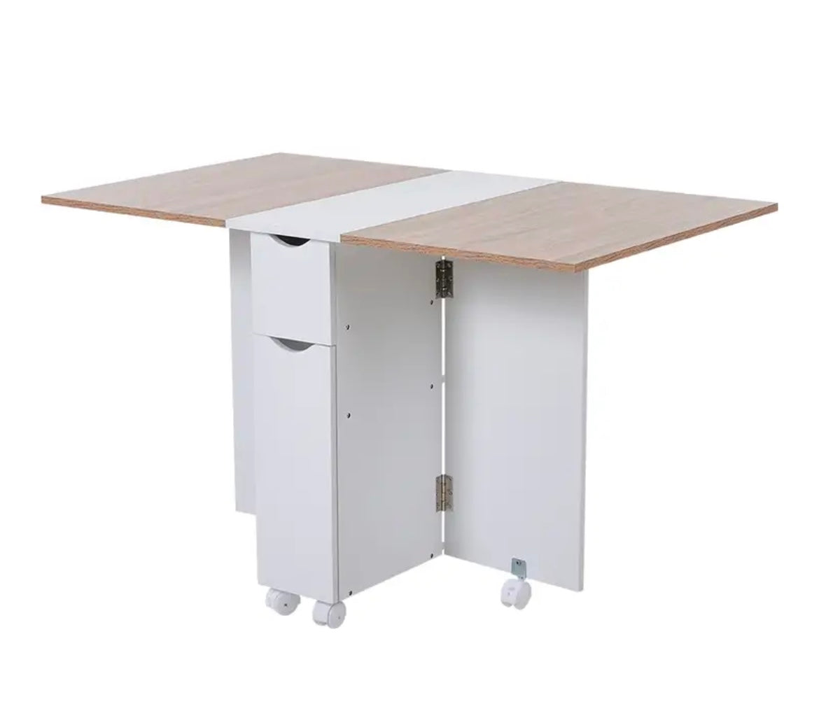 White Compact Folding Kitchen Rolling Dining Table with Storage Drawers