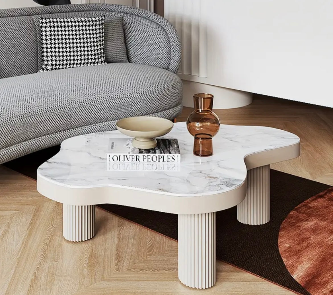 White Marble look stone Cloud Shaped Coffee Table, 3 Legs Supported ,Living Room