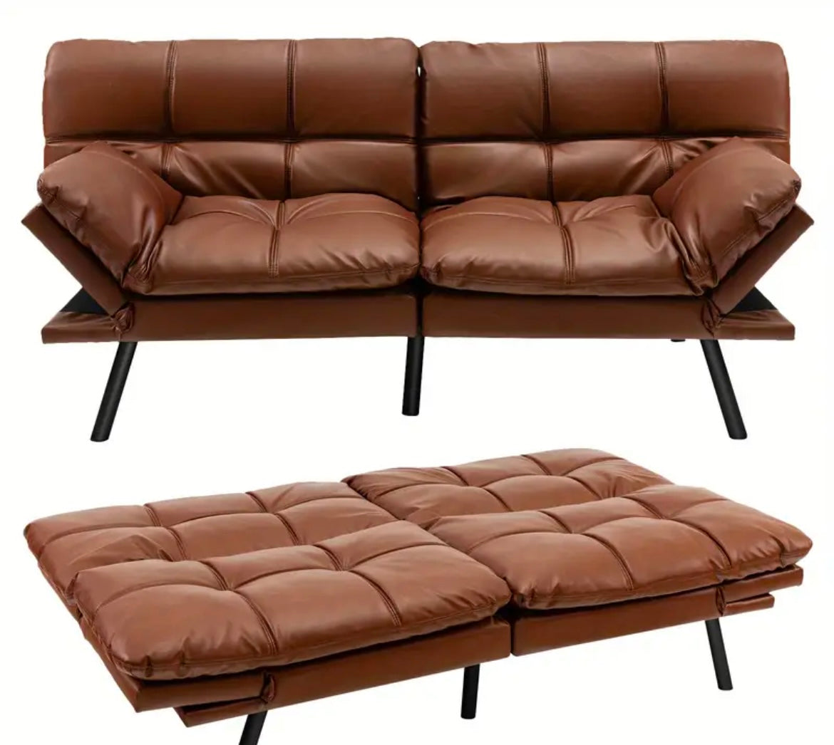 2 Seat Convertible Brown Loveseat Sofa Bed Memory Foam