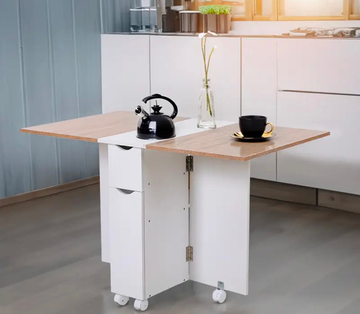 White Compact Folding Kitchen Rolling Dining Table with Storage Drawers