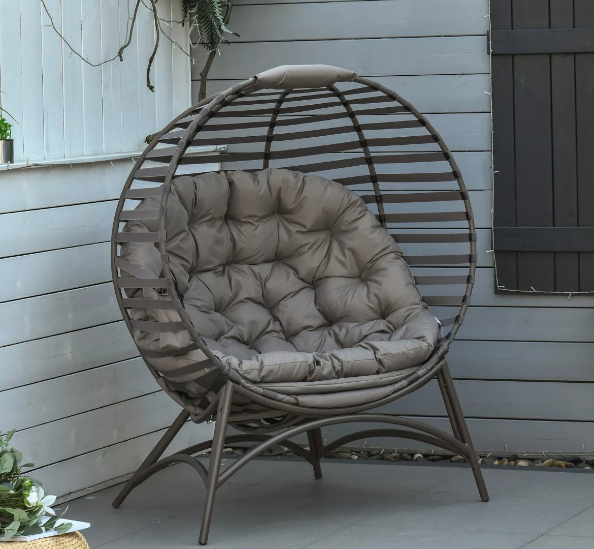Large Standing Egg Chair with Soft Cushion Steel Garden Basket Chair for Outdoor, Brown