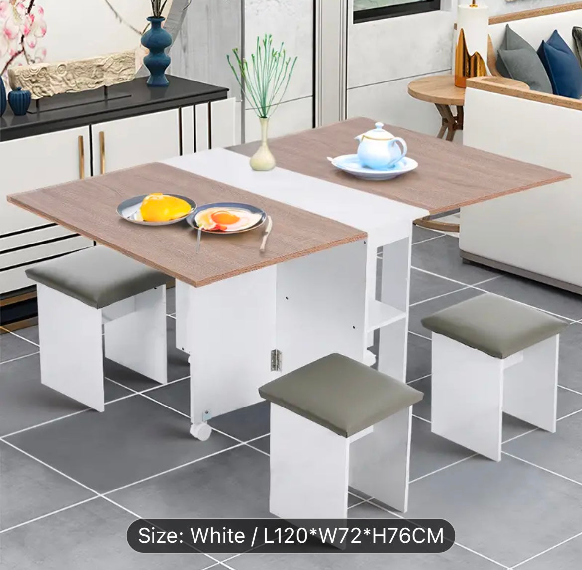 White Compact Folding Kitchen Rolling Dining Table with Storage Drawers