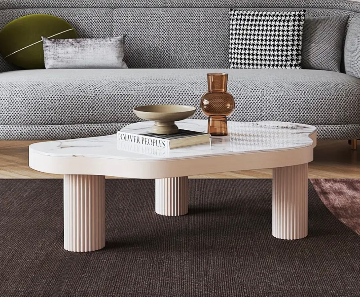 White Marble look stone Cloud Shaped Coffee Table, 3 Legs Supported ,Living Room
