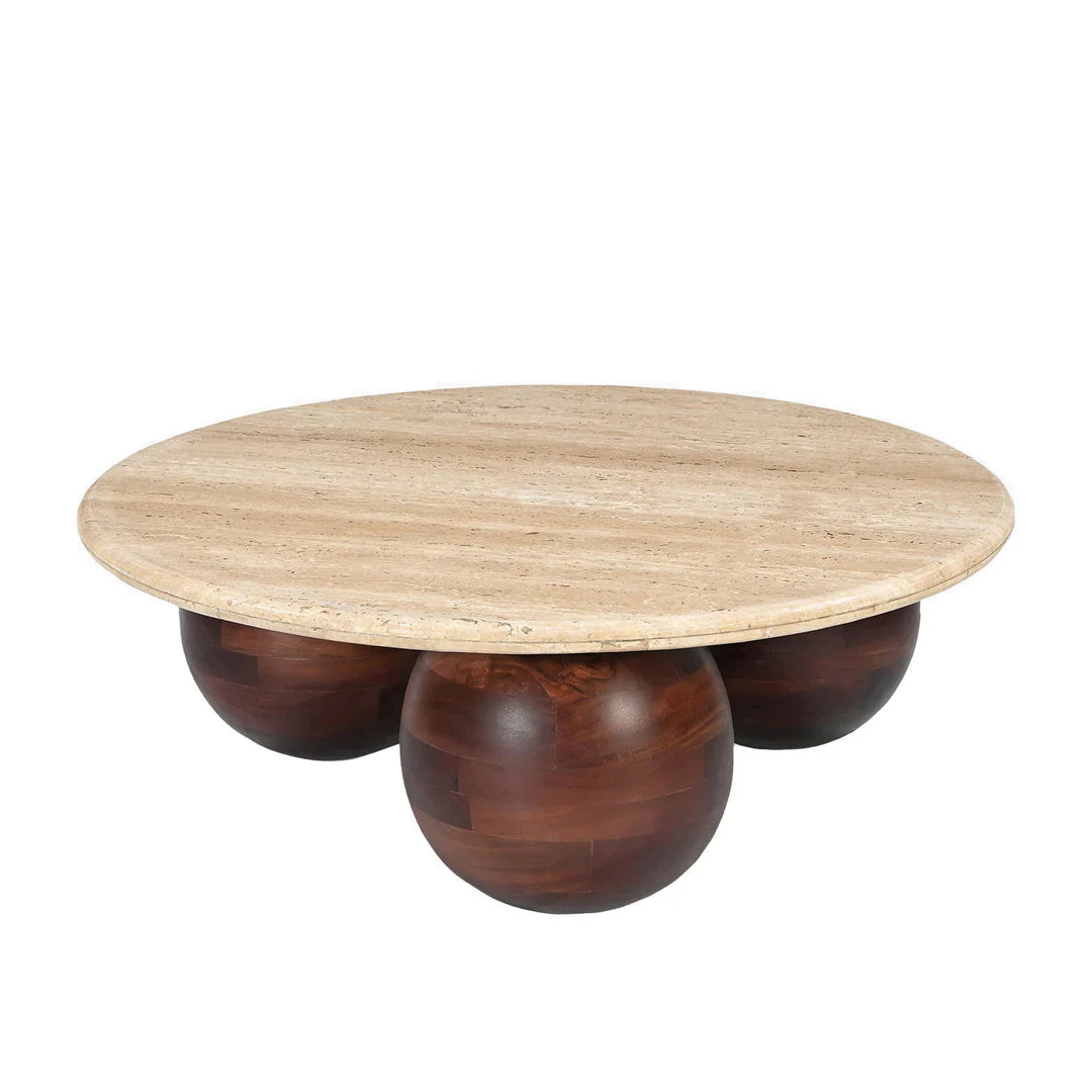 Chloe Coffee Table, Travertine Surface, 3 Ball Leg Base
