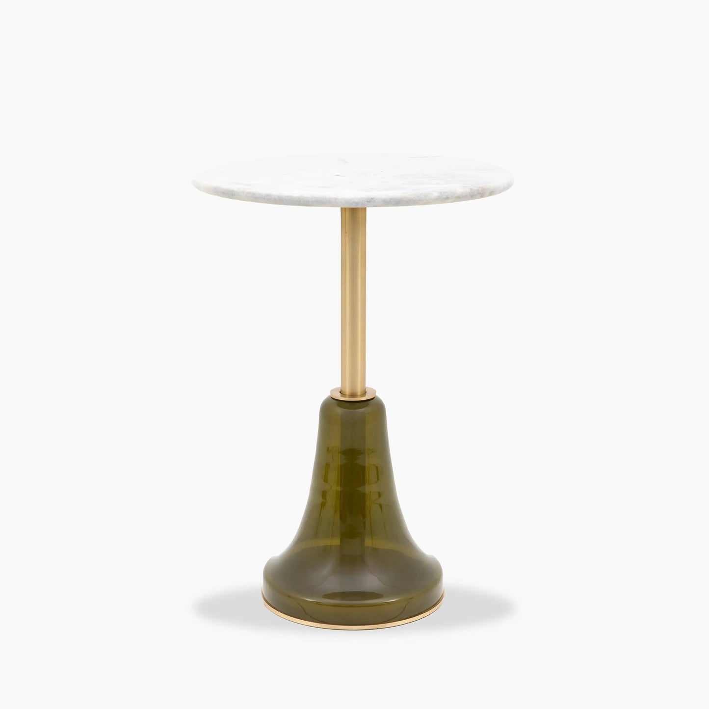 White Round Marble Top Side Table With Green Glass Base