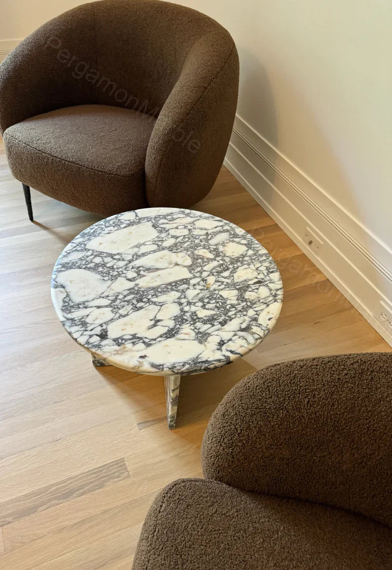 Soho Calacatta Viola Marble Round Top Coffee Table Handmade from Real Marble
