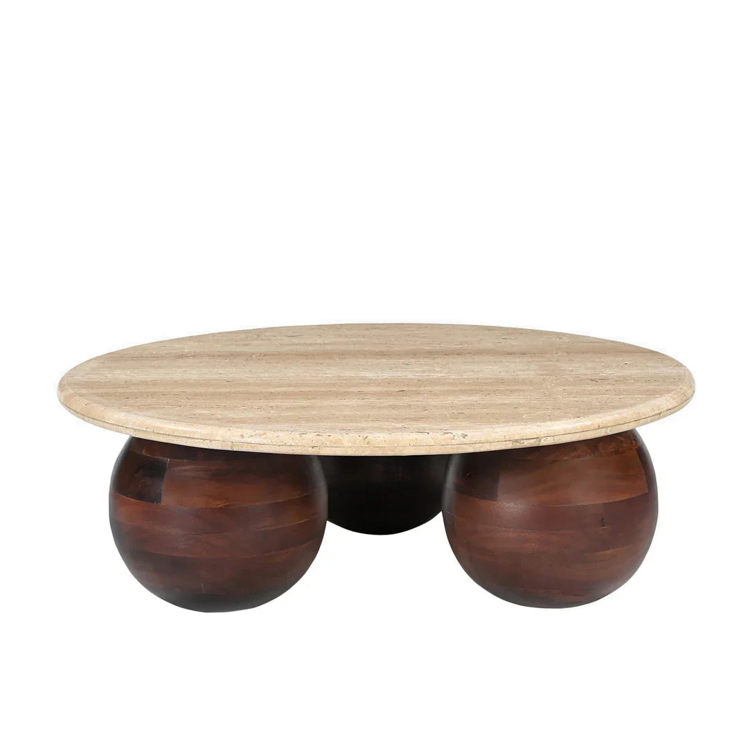 Chloe Coffee Table, Travertine Surface, 3 Ball Leg Base