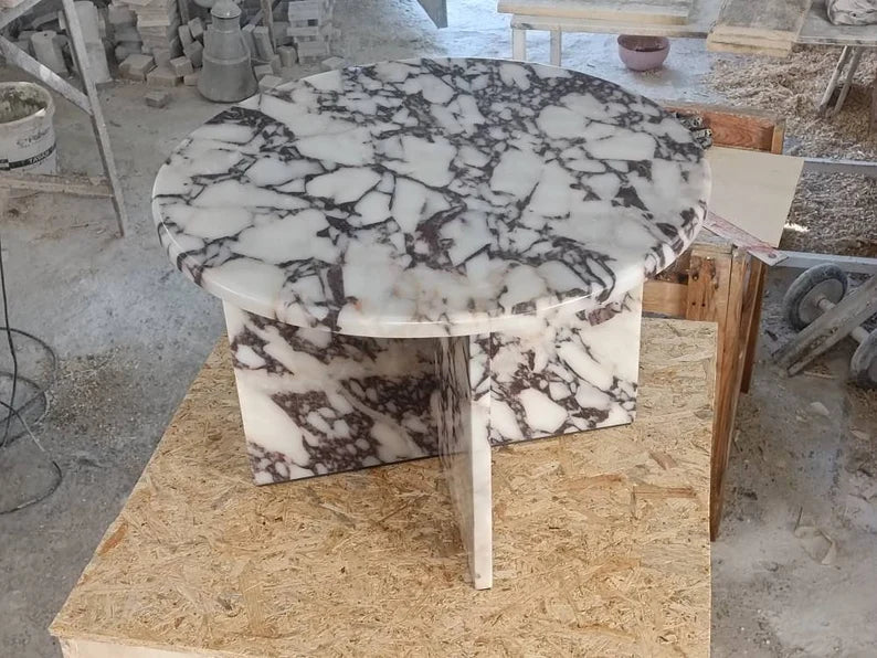 Soho Calacatta Viola Marble Round Top Coffee Table Handmade from Real Marble