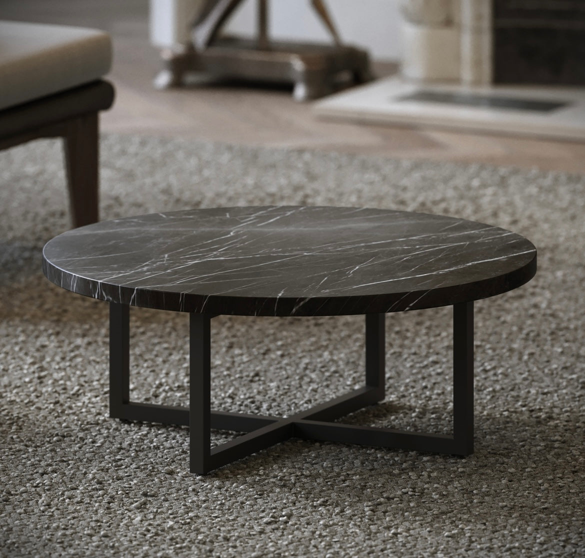 NERO MARBLE ROUND COFFEE TABLE WITH BLACK LEGS