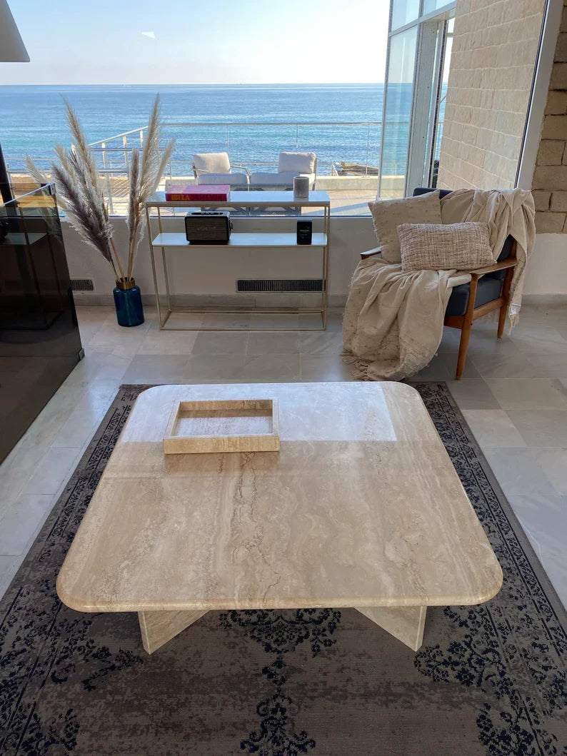 Handcrafted Travertine Square Roman Coffee Table