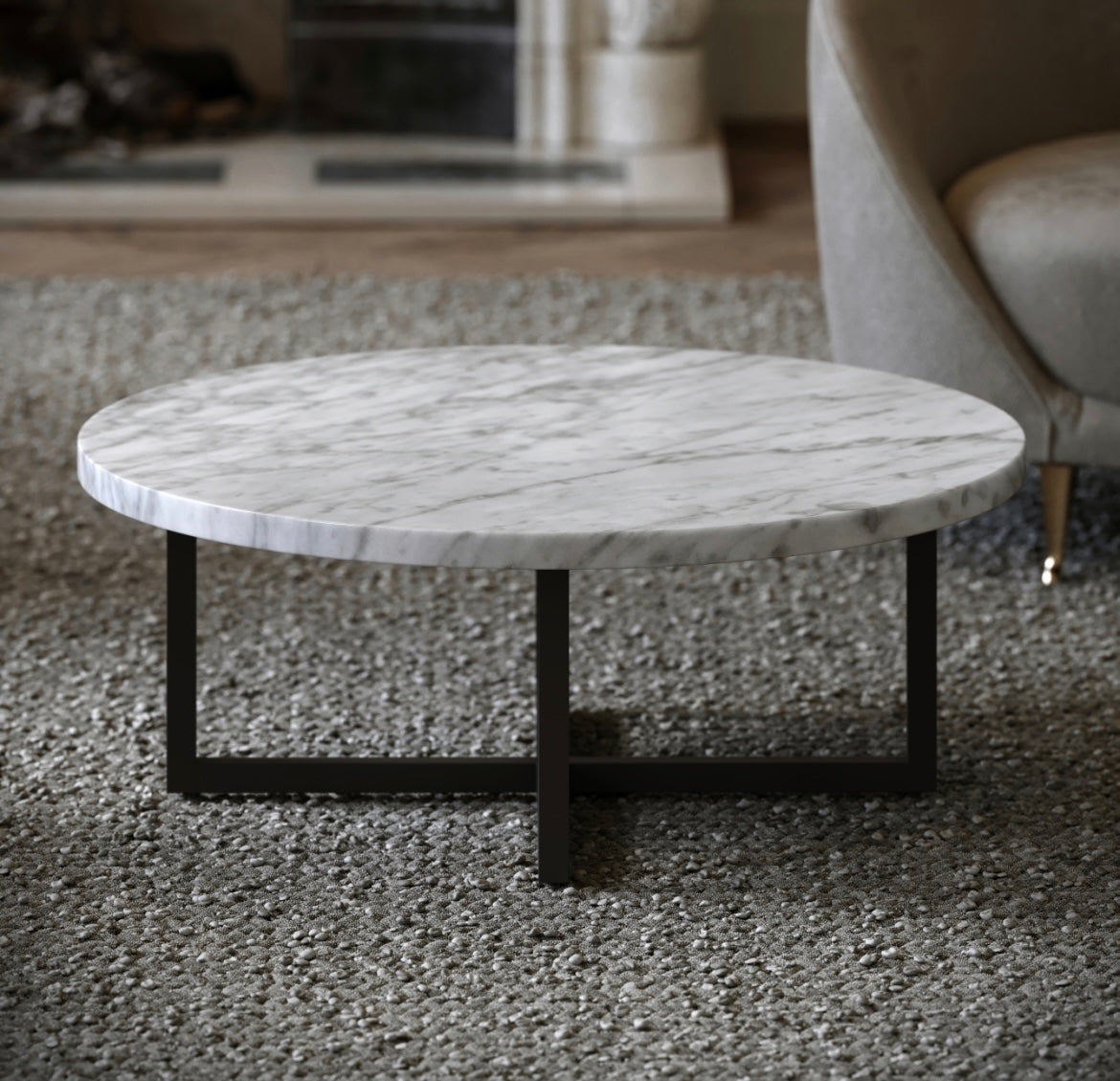 GREY MARBLE ROUND COFFEE TABLE WITH BLACK LEGS