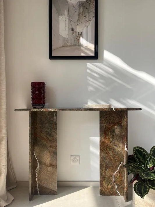 Brown Marble Forest Console Table, T Shape Base