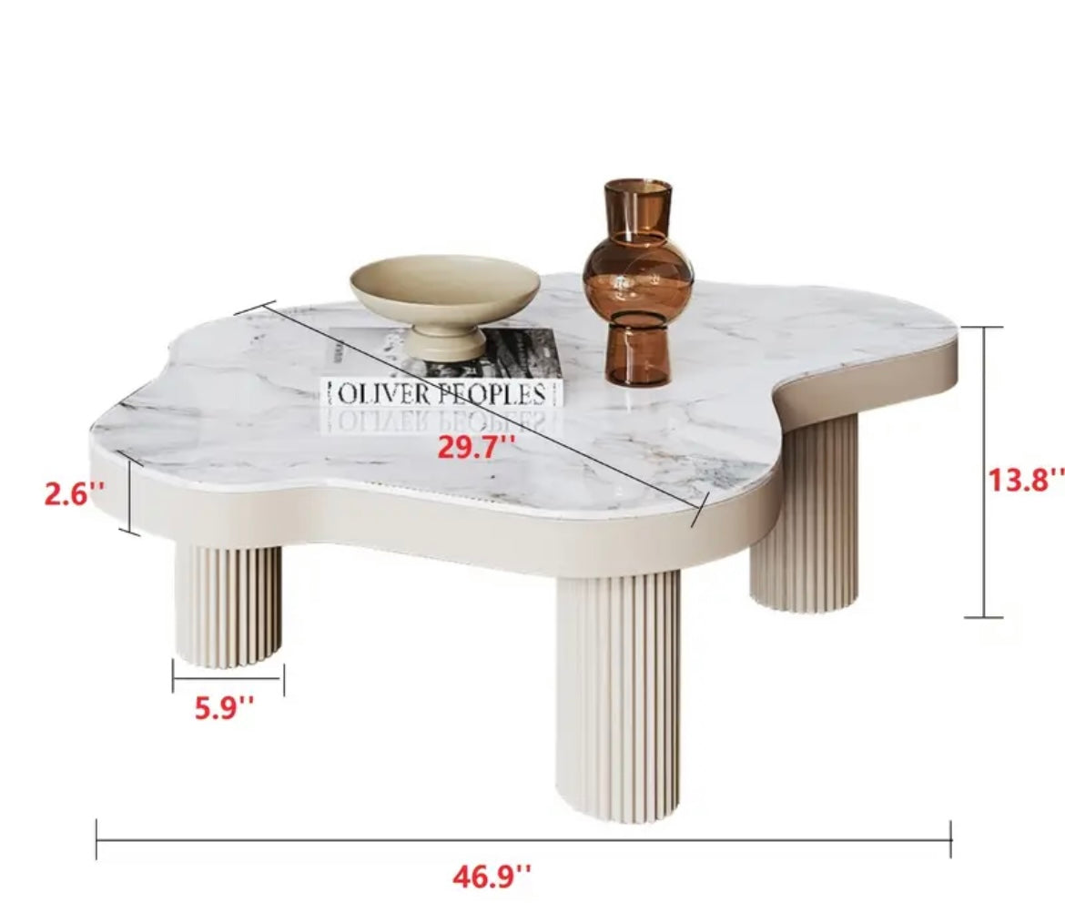 White Marble look stone Cloud Shaped Coffee Table, 3 Legs Supported ,Living Room
