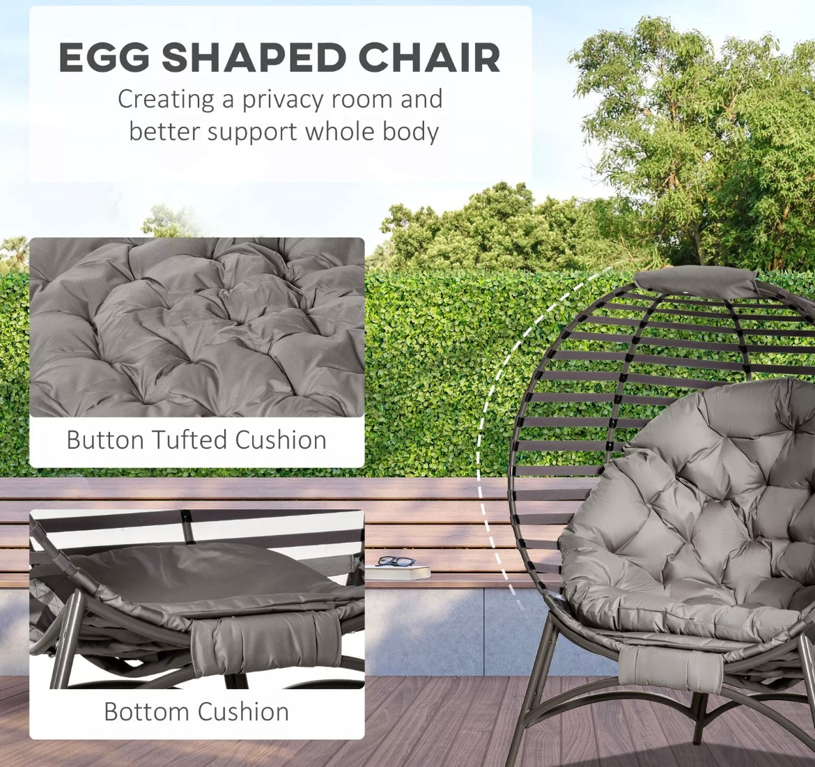 Large Standing Egg Chair with Soft Cushion Steel Garden Basket Chair for Outdoor, Brown