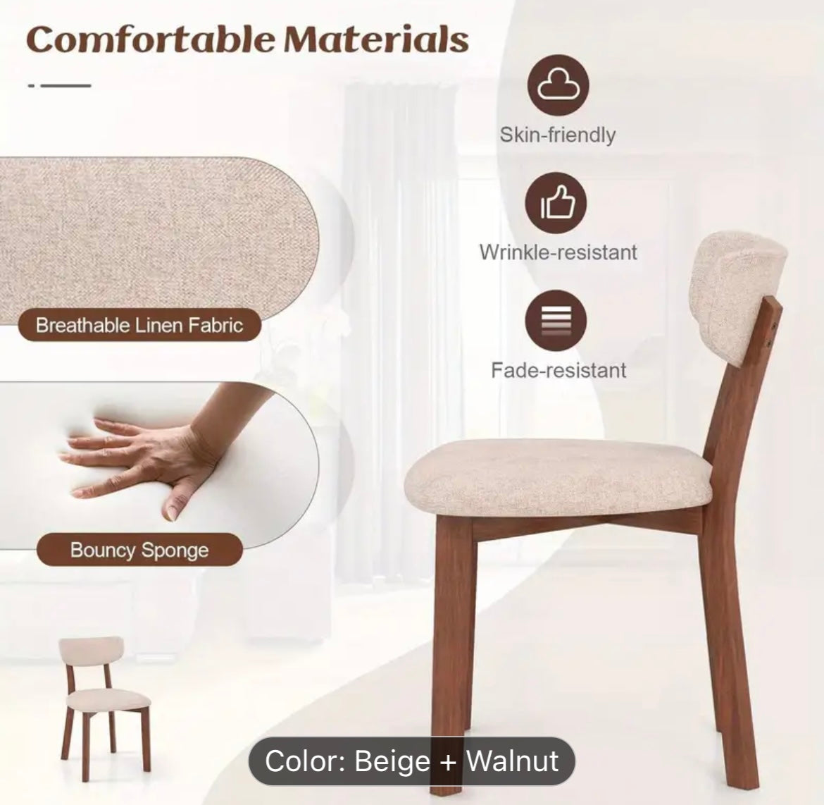 Set of 2 Walnut and Beige Mid-Back Armless Side Chair