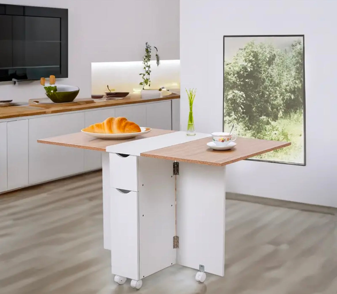 White Compact Folding Kitchen Rolling Dining Table with Storage Drawers