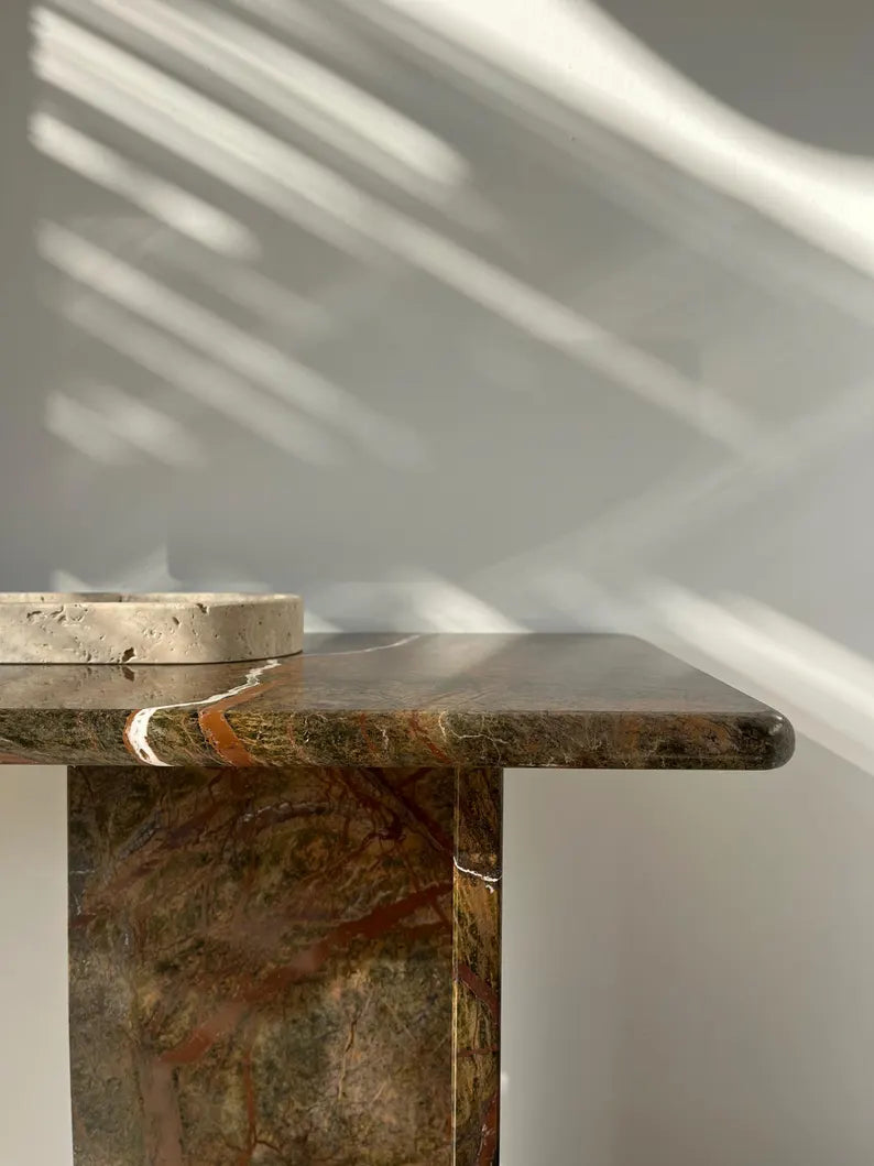 Brown Marble Forest Console Table, T Shape Base
