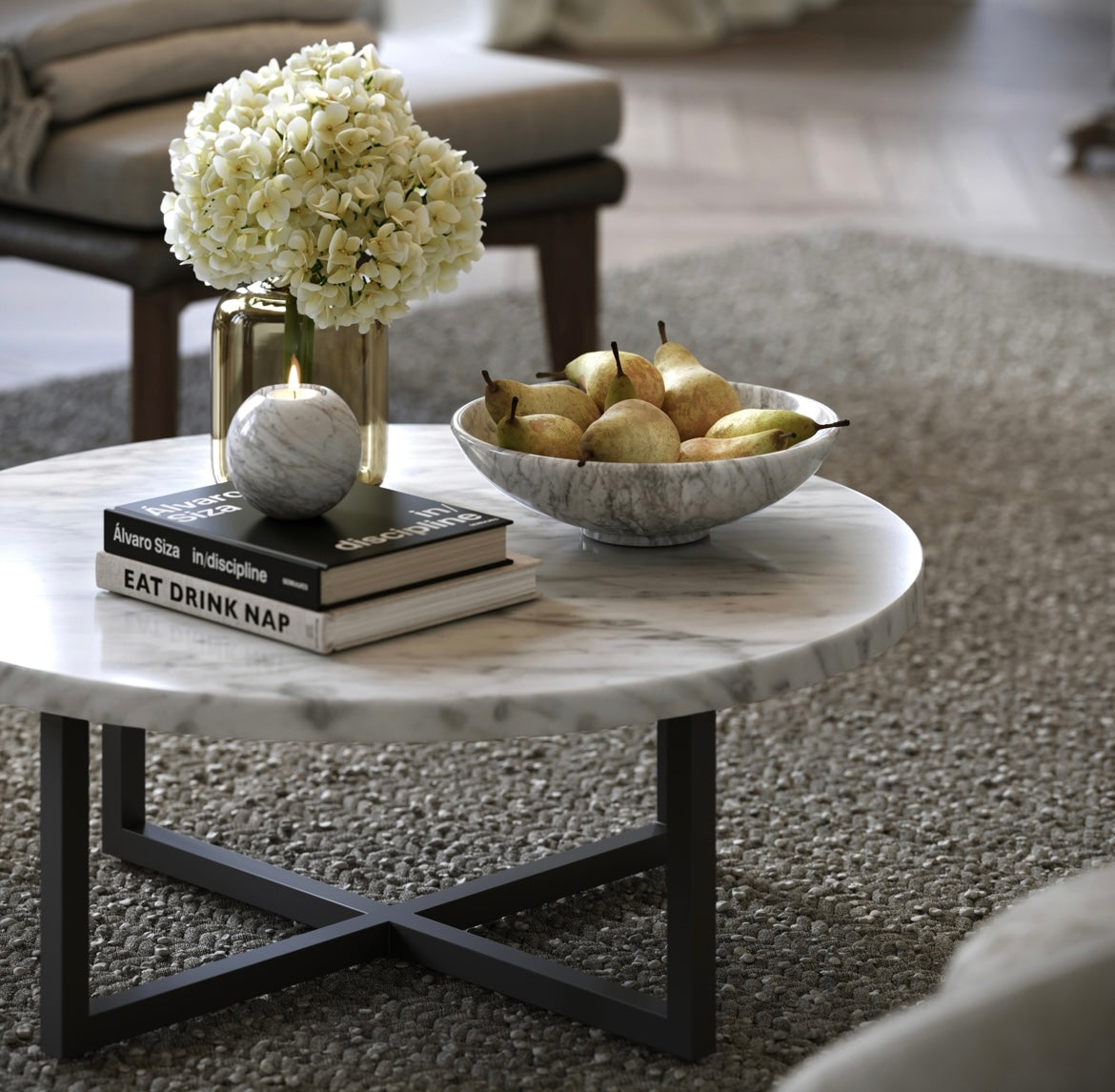 GREY MARBLE ROUND COFFEE TABLE WITH BLACK LEGS