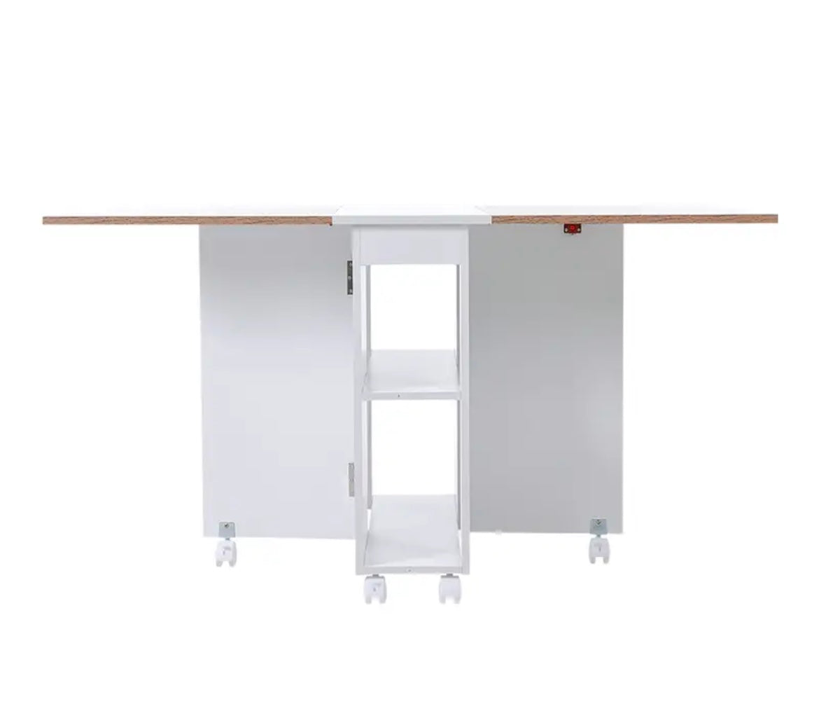 White Compact Folding Kitchen Rolling Dining Table with Storage Drawers