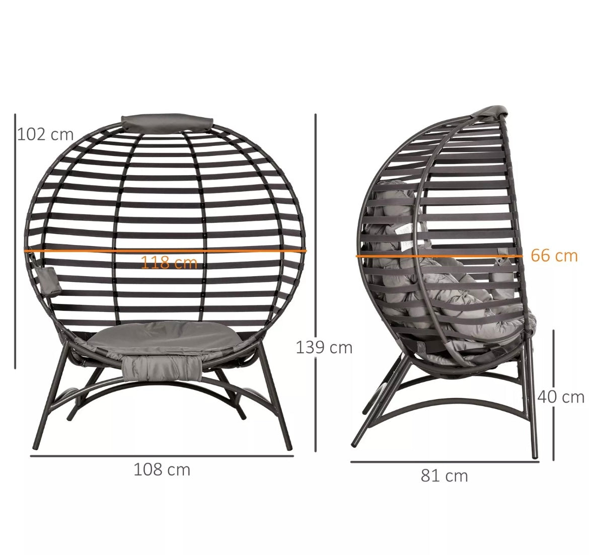 Large Standing Egg Chair with Soft Cushion Steel Garden Basket Chair for Outdoor, Brown