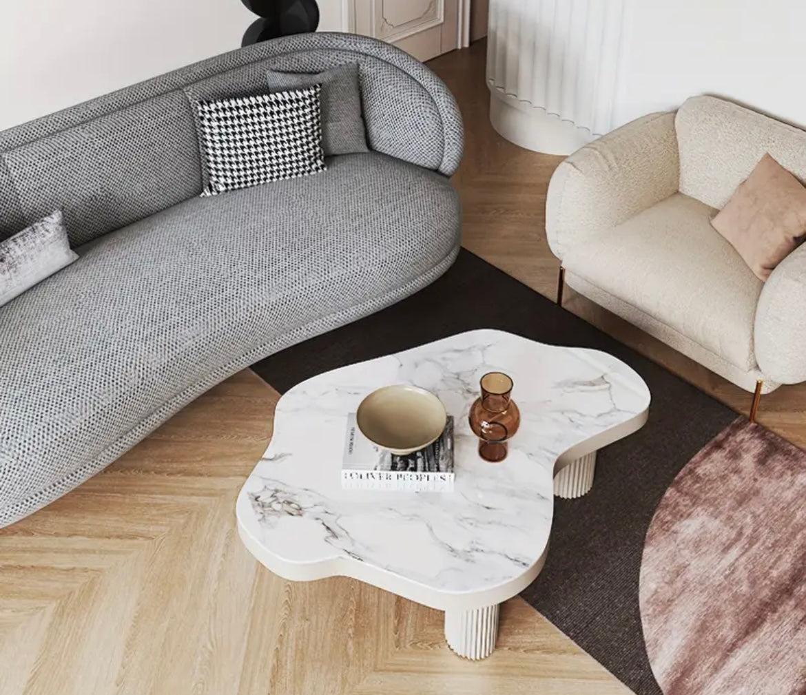White Marble look stone Cloud Shaped Coffee Table, 3 Legs Supported ,Living Room