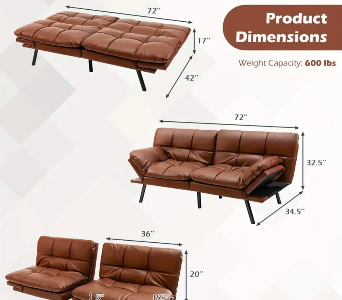 2 Seat Convertible Brown Loveseat Sofa Bed Memory Foam