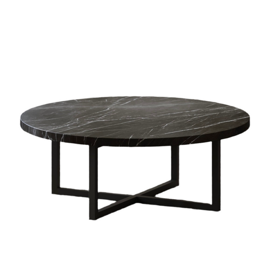 NERO MARBLE ROUND COFFEE TABLE WITH BLACK LEGS