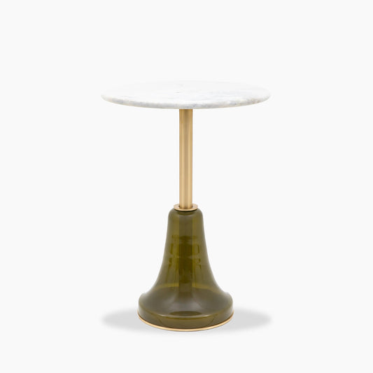 White Round Marble Top Side Table With Green Glass Base