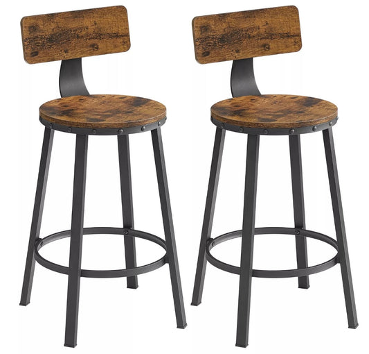 Classic Bar Stools, Kitchen Stools Set of 2 High Back Rustic Brown Wood with Black Legs
