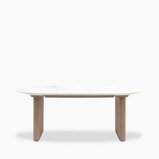 8 Oval White Marble Top Dining Table with Mango Wood Legs